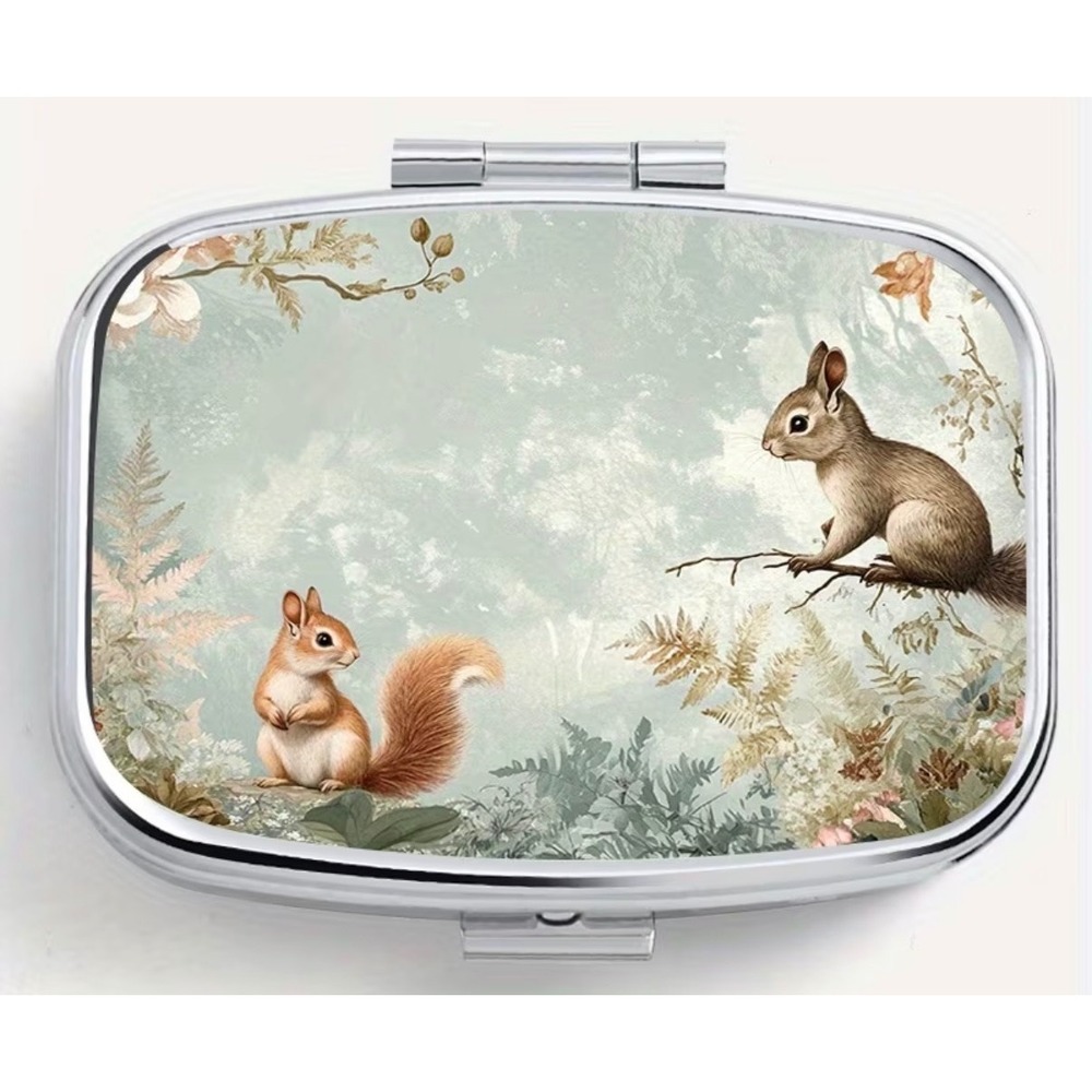 Squirrel Woodland Scene Pill Box Organizer Silver Tone Two Compartment New